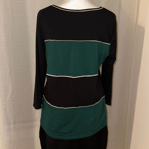 Ann Taylor L Black Winter Green White Crewneck Quarter Sleeve Cotton Blend Top - Picture 2 of 12